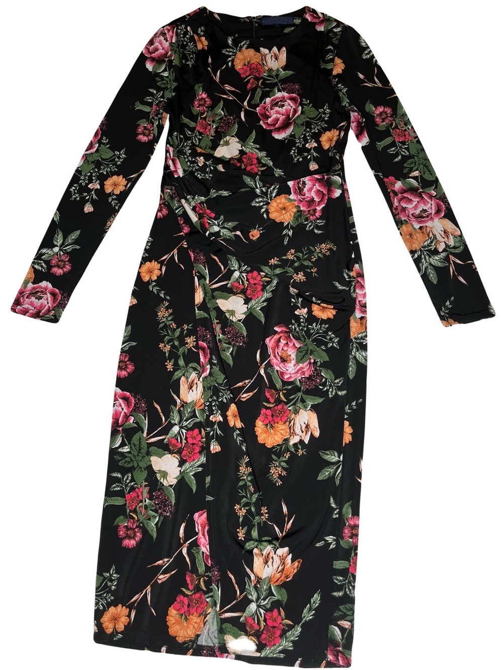 Rachel Roy Dress - Women's Medium Black - Floral Long Sleeved Midi Draping